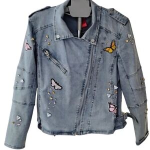 Cristina Vintage Denim Moto Jacket Large Studded Butterfly 80s 90s Statement